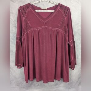 Ruff Hewn 3X Burgundy Blouse Peasant/Boho Sheer Cuffs
